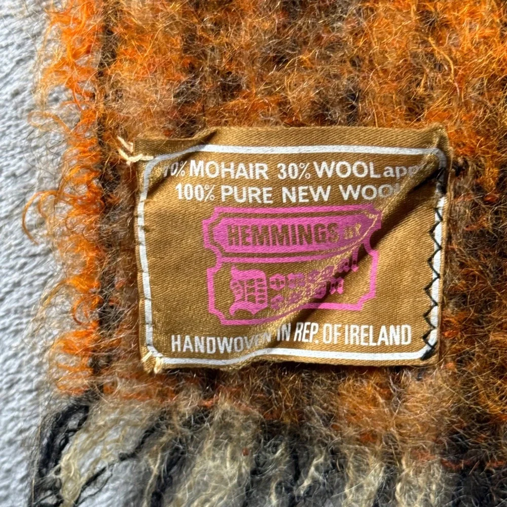 Hemmings Vintage Irish Plaid Scarf Mohair Wool‎ Orange Grunge Layer Cozy Warm